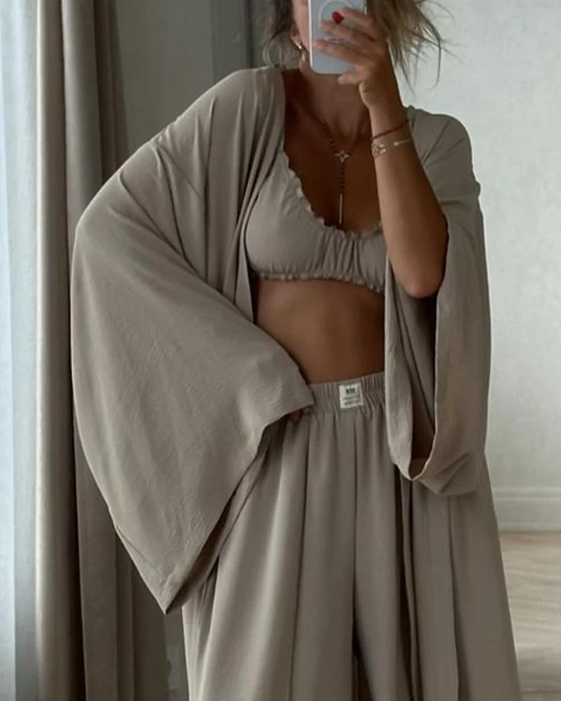 Ensemble 3 Pièces Décontracté | Coton | Kimono, Pantalon Large et Top Bandeau – Image 4