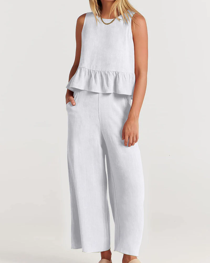 Ensemble Blanc Lin | Haut à Basque & Pantalon Large | Léger et Élégant
