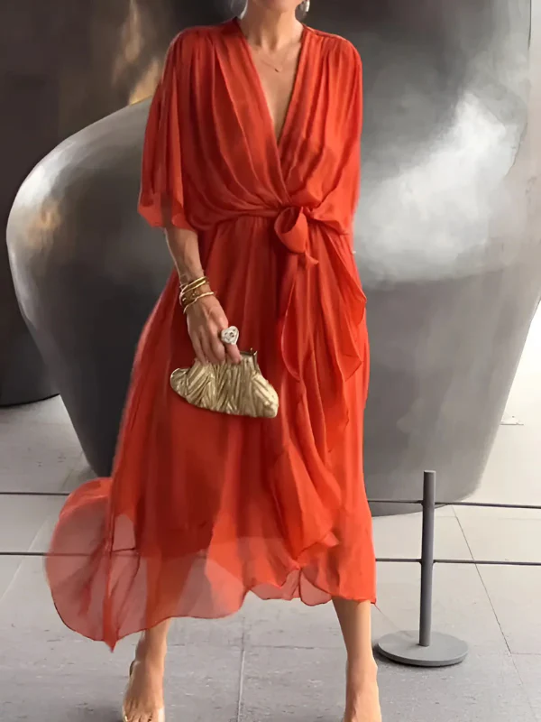 Élégance Feuillage | Fluid Belted Midi Dress – Image 7