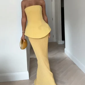 Structured Bustier Top & Pleated Long Skirt | Viscose | Elegant Sunshine and Sculpted Silhouette