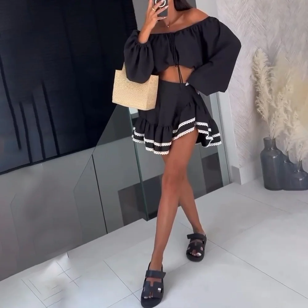 Ensemble Noir Bohème | Coton | Top Épaules Dénudées & Jupe à Volants – Image 4