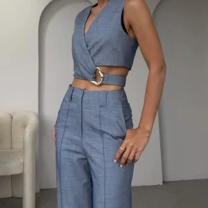 Women's Suit Set | Double Breasted Top & Wide Leg Pants | Ring Detail