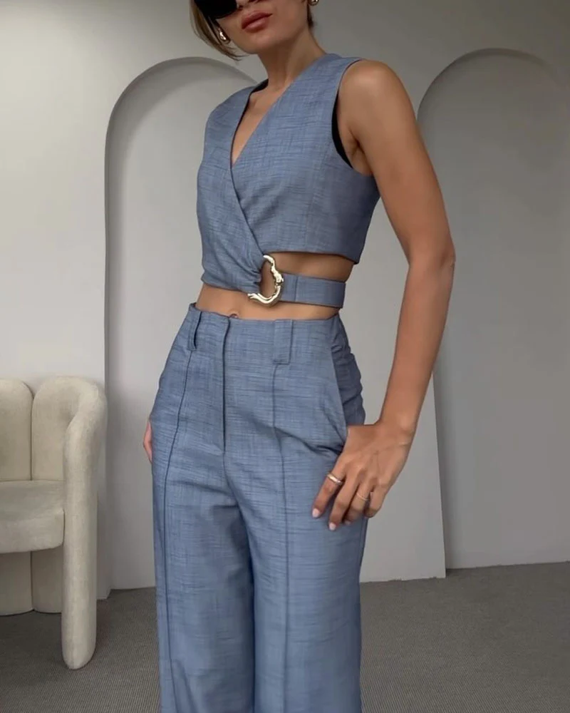 Women's Suit Set | Double Breasted Top & Wide Leg Pants | Ring Detail