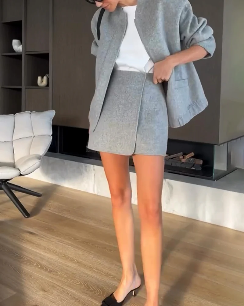 Ensemble Court Gris Clair | Veste Zippée & Short Taille Haute | 100% Coton – Image 5