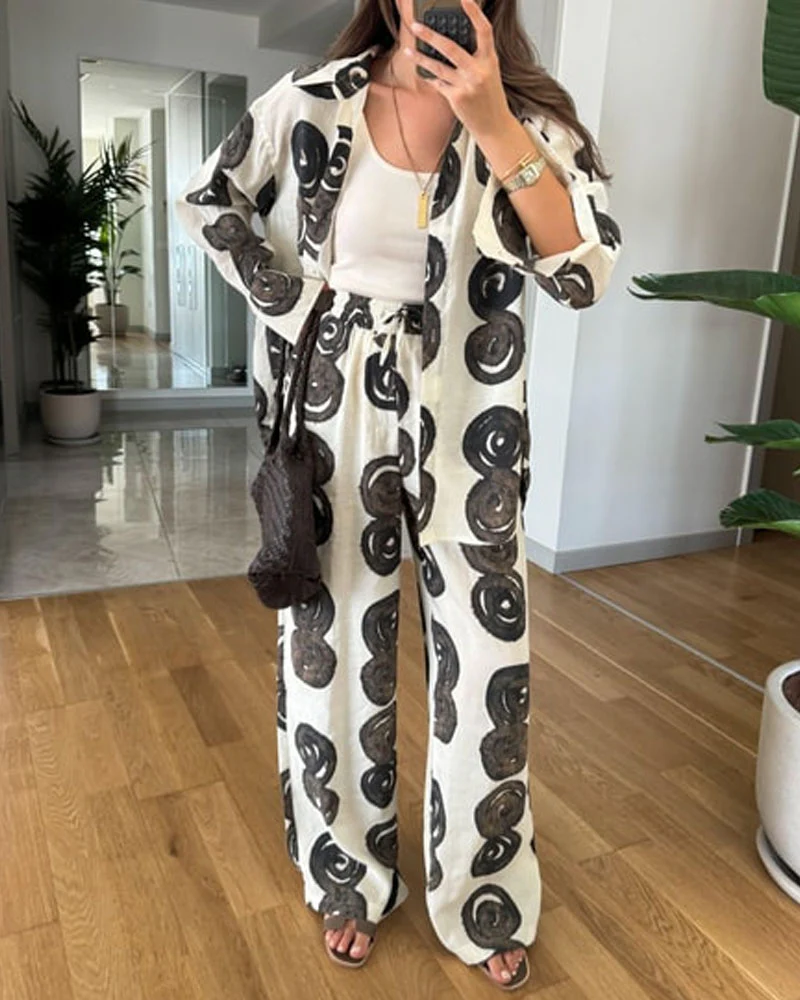 Ensemble Lin Imprimé | Chemise & Pantalon Large | Artistique & Aéré – Image 3