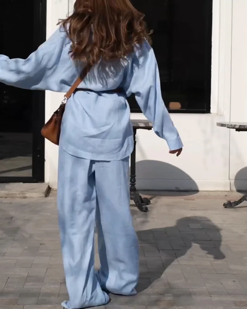 Ensemble Bleu Ciel en Lin | Chemise Ample & Pantalon Large | Élégance Décontractée – Image 6