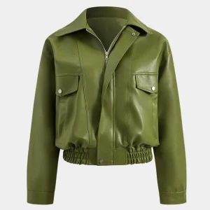 Leather-effect Cropped Jacket with Ruched Waistband | Utility Modernity and Satin Finish