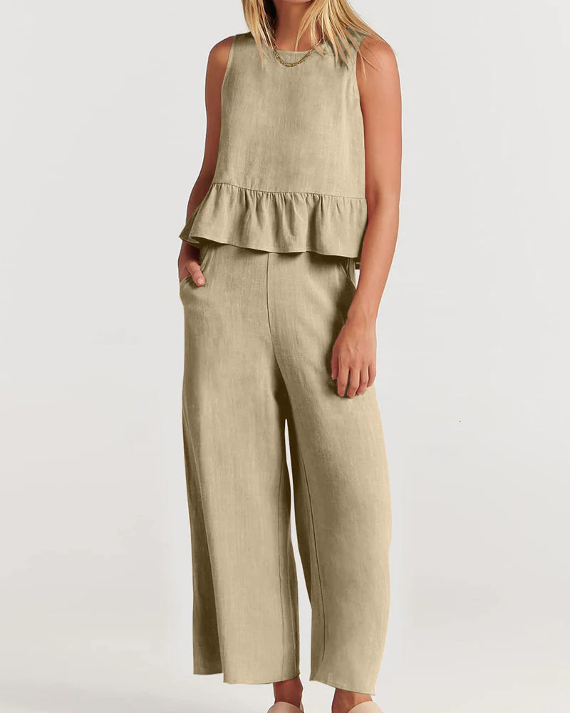 Ensemble Blanc Lin | Haut à Basque & Pantalon Large | Léger et Élégant – Image 4