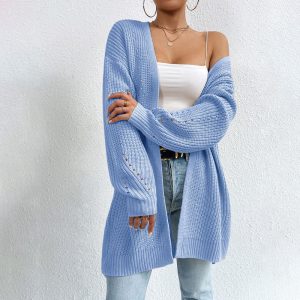 Cardigan Long Femme | Bleu Pastel | Maille Ajourée et Coupe Décontractée