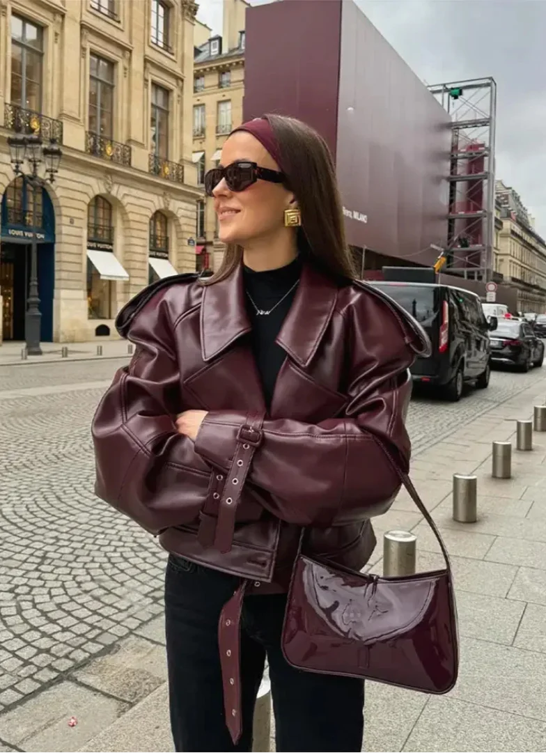 Audace Parisienne | Veste Oversize Effet Cuir avec Ceinture