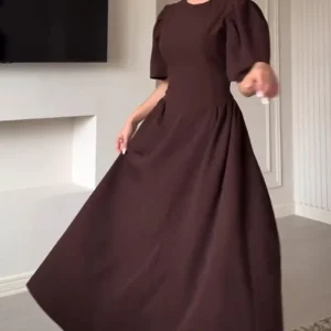 Robe Longue Chocolat | Manches Bouffantes & Jupe Évasée | 100% Coton