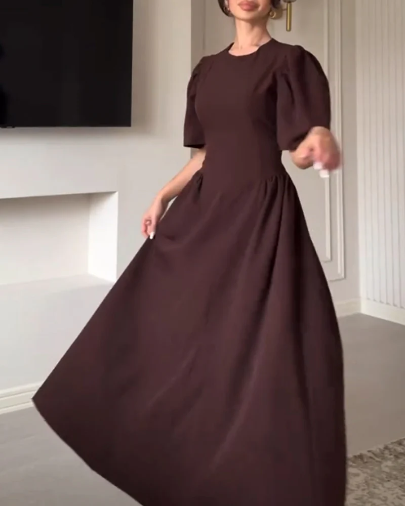 Robe Longue Chocolat | Manches Bouffantes & Jupe Évasée | 100% Coton – Image 2