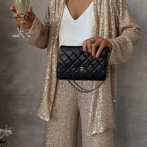 Ensemble de Soirée Femme | Sequins Dorés | Pantalon Large & Veste Fluide