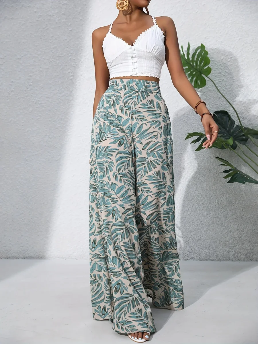 Leaf Print Wide Leg Pants | Light and Summery