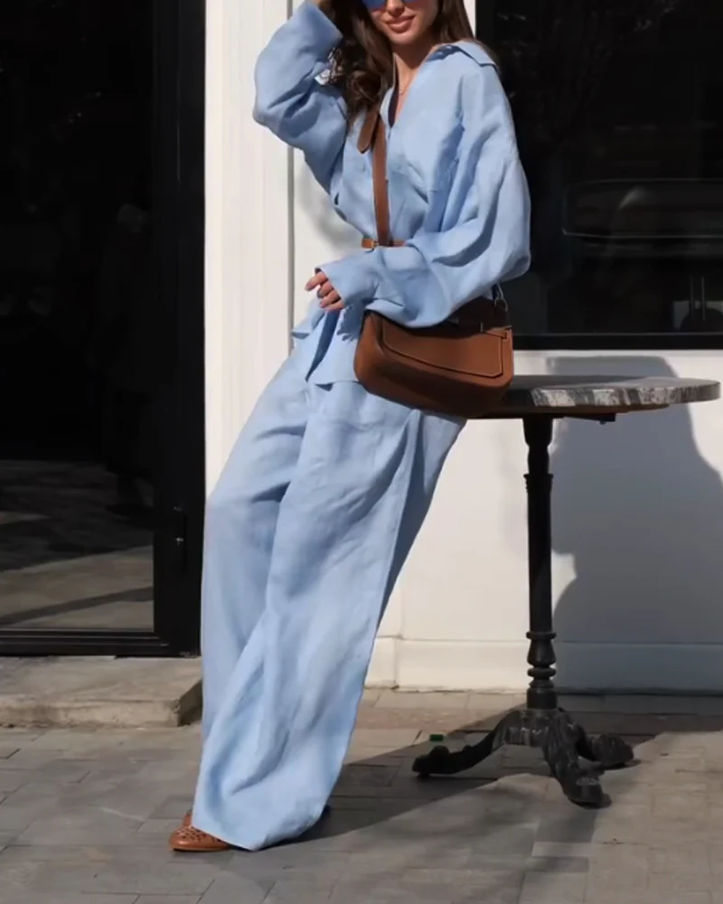 Ensemble Bleu Ciel en Lin | Chemise Ample & Pantalon Large | Élégance Décontractée – Image 5