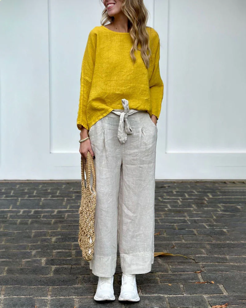 Ensemble Lin Décontracté | Haut Jaune & Pantalon Beige | Léger & Naturel – Image 3