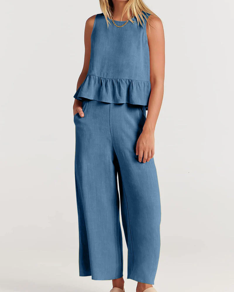 Ensemble Blanc Lin | Haut à Basque & Pantalon Large | Léger et Élégant – Image 6