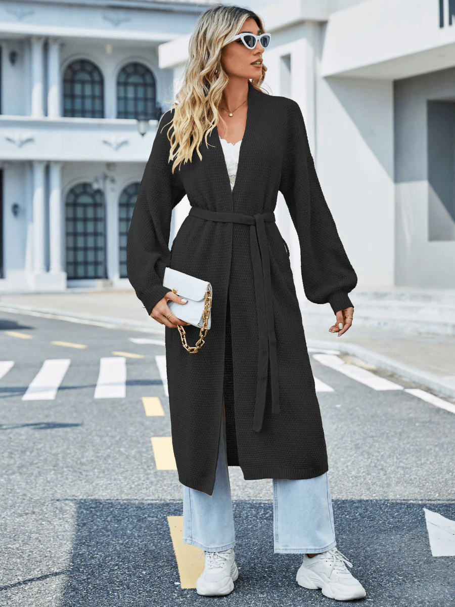Elegance Belted Long Cardigan with Puff Sleeves