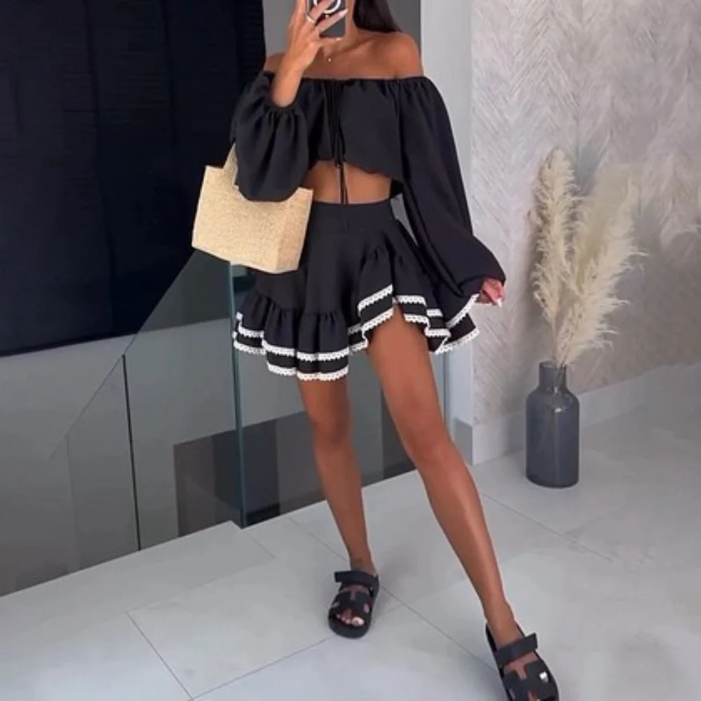 Ensemble Noir Bohème | Coton | Top Épaules Dénudées & Jupe à Volants – Image 3