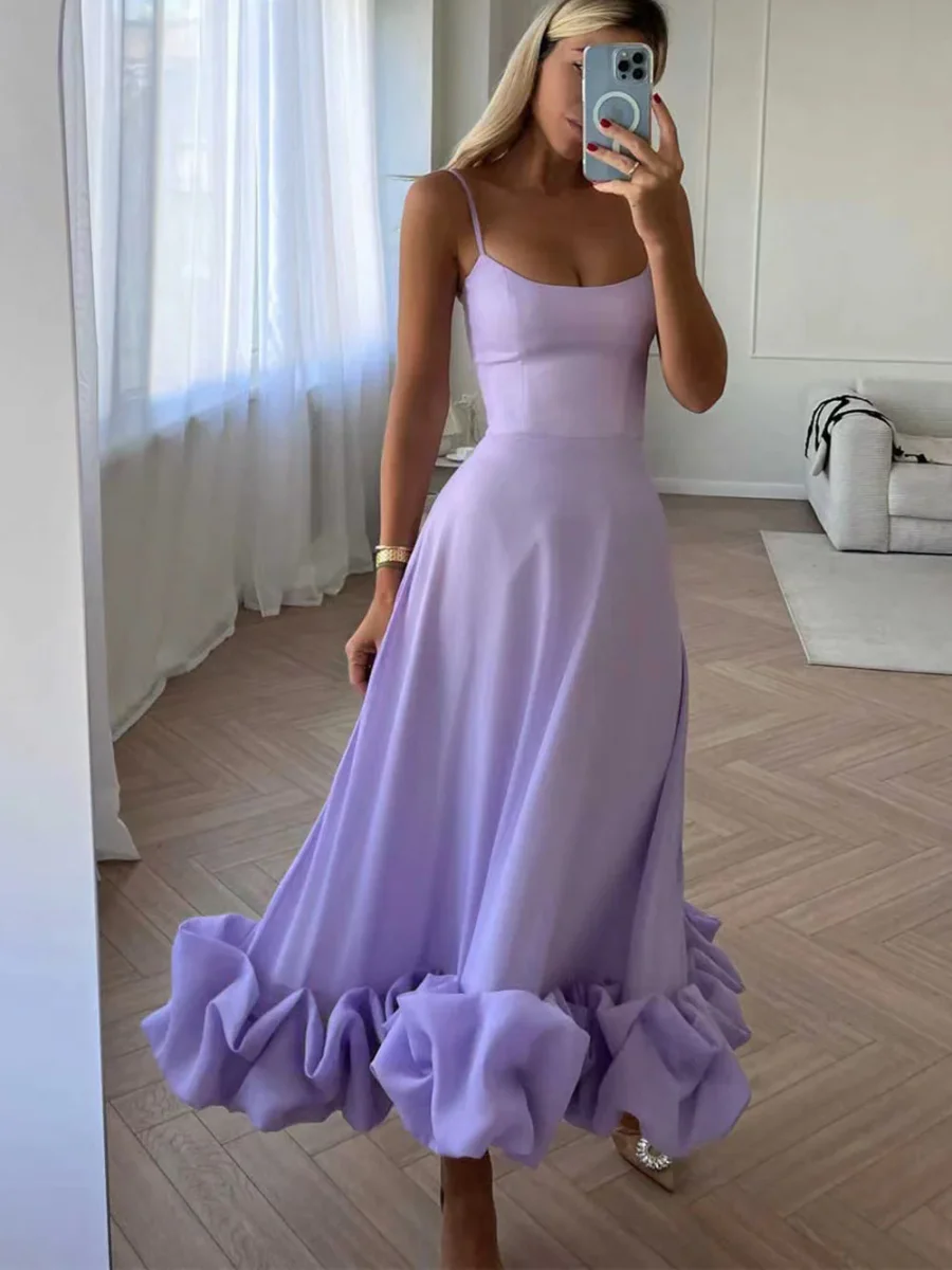 Robe Rose Volantée | Bretelles Fines | Élégance Midi Féminine – Image 3