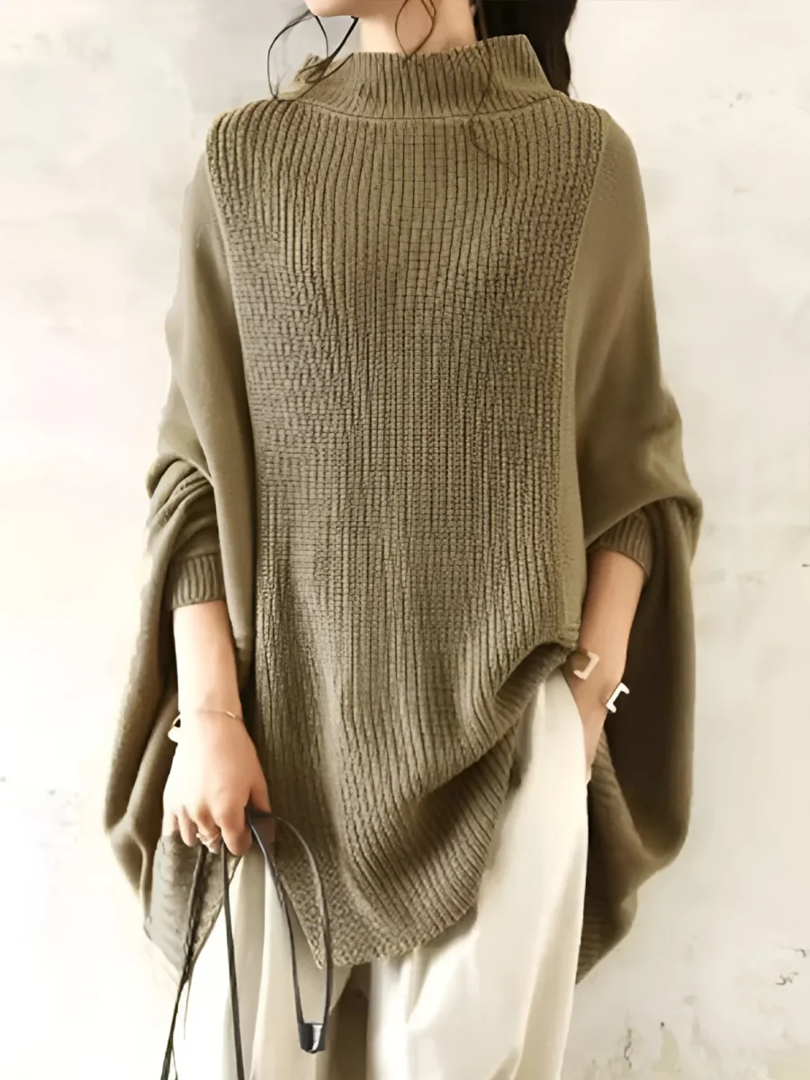 Ribbed Knit Poncho | Khaki | Fluid and Comfortable