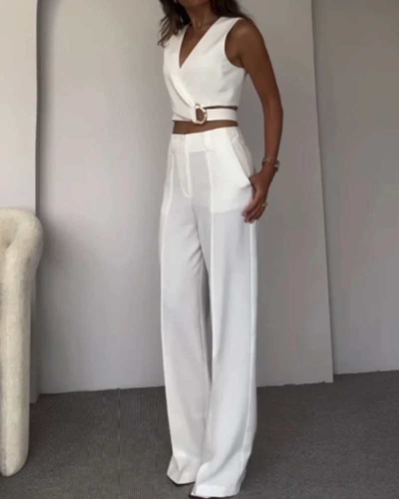 Women's Suit Set | Double Breasted Top & Wide Leg Pants | Ring Detail – Image 6