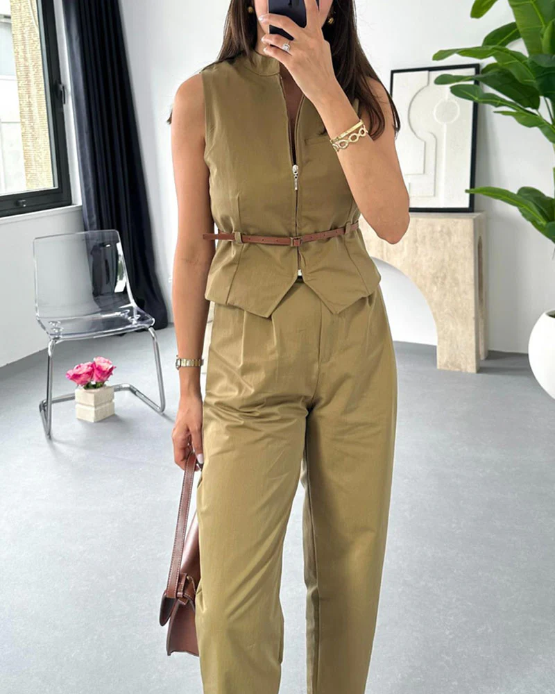 Combinaison Beige Cintrée | Coton | Élégante & Sans Manches – Image 8