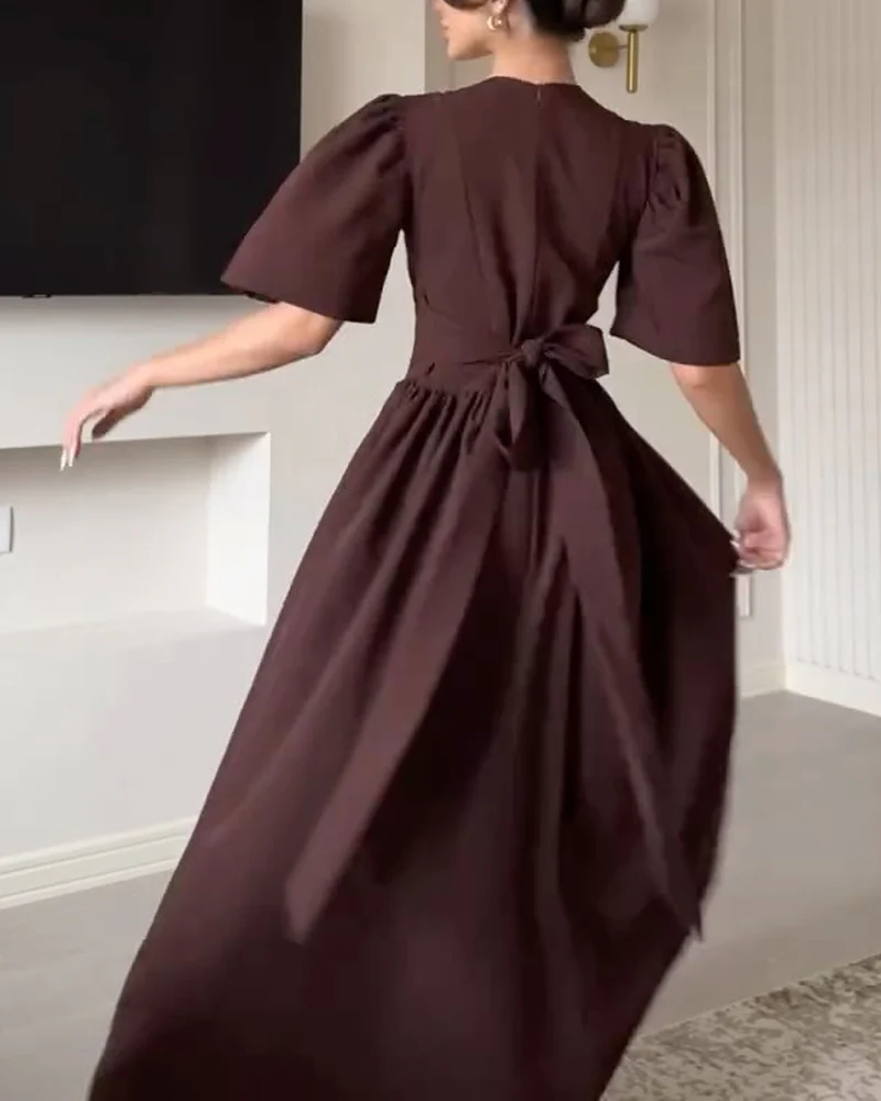 Robe Longue Chocolat | Manches Bouffantes & Jupe Évasée | 100% Coton – Image 8