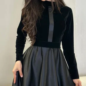 Elegant Black Dress | Velvet & Textured Skirt | Chic Look for Evening or Event