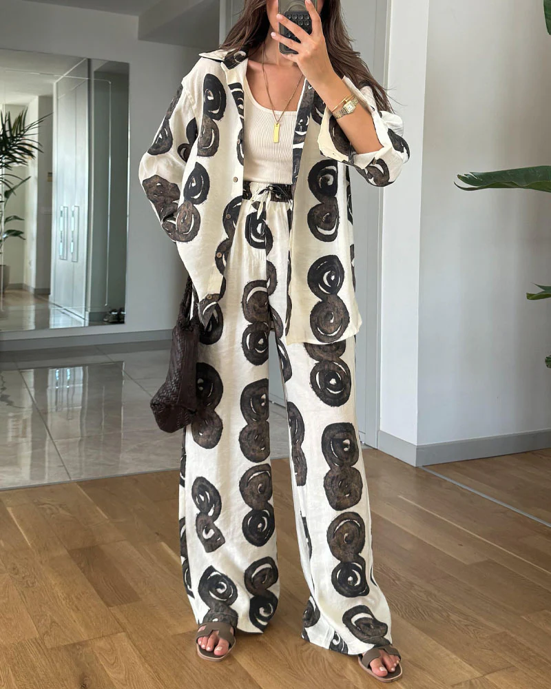Ensemble Lin Imprimé | Chemise & Pantalon Large | Artistique & Aéré – Image 2