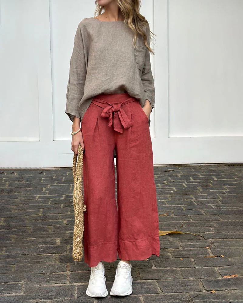 Ensemble Lin Décontracté | Haut Jaune & Pantalon Beige | Léger & Naturel