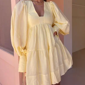 Robe Courte Babydoll | Jaune Pastel | Volumineuse et Légère