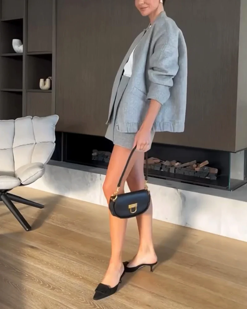 Ensemble Court Gris Clair | Veste Zippée & Short Taille Haute | 100% Coton – Image 4