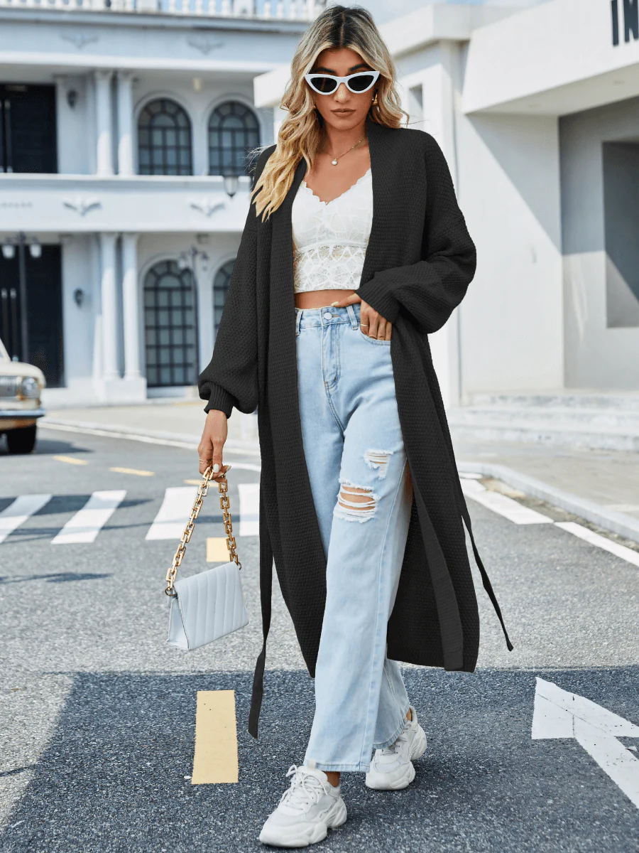 Elegance Belted Long Cardigan with Puff Sleeves – Image 3