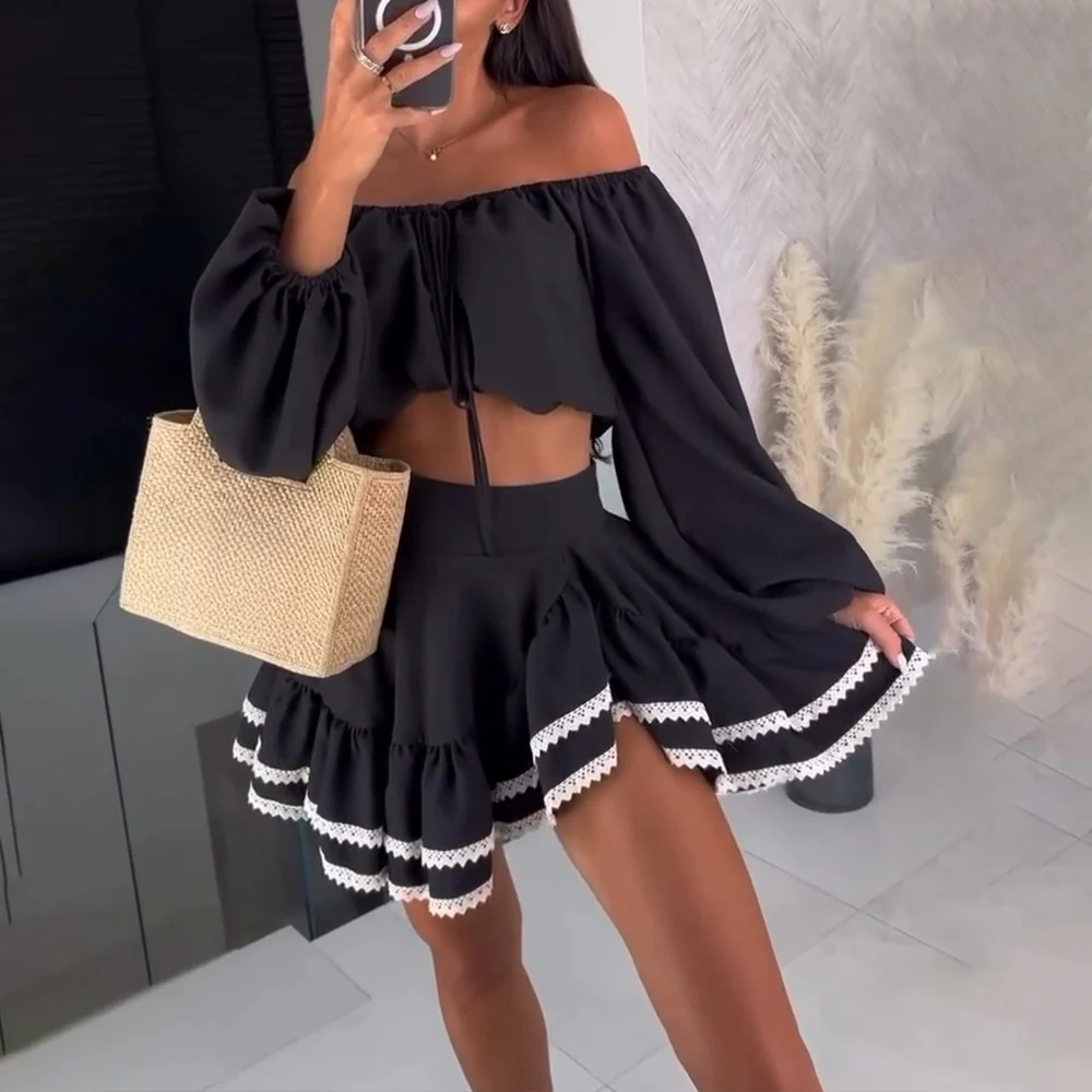 Ensemble Noir Bohème | Coton | Top Épaules Dénudées & Jupe à Volants