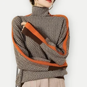 Pull Motif Chevron Moderne | Col Montant et Détails Contrastés