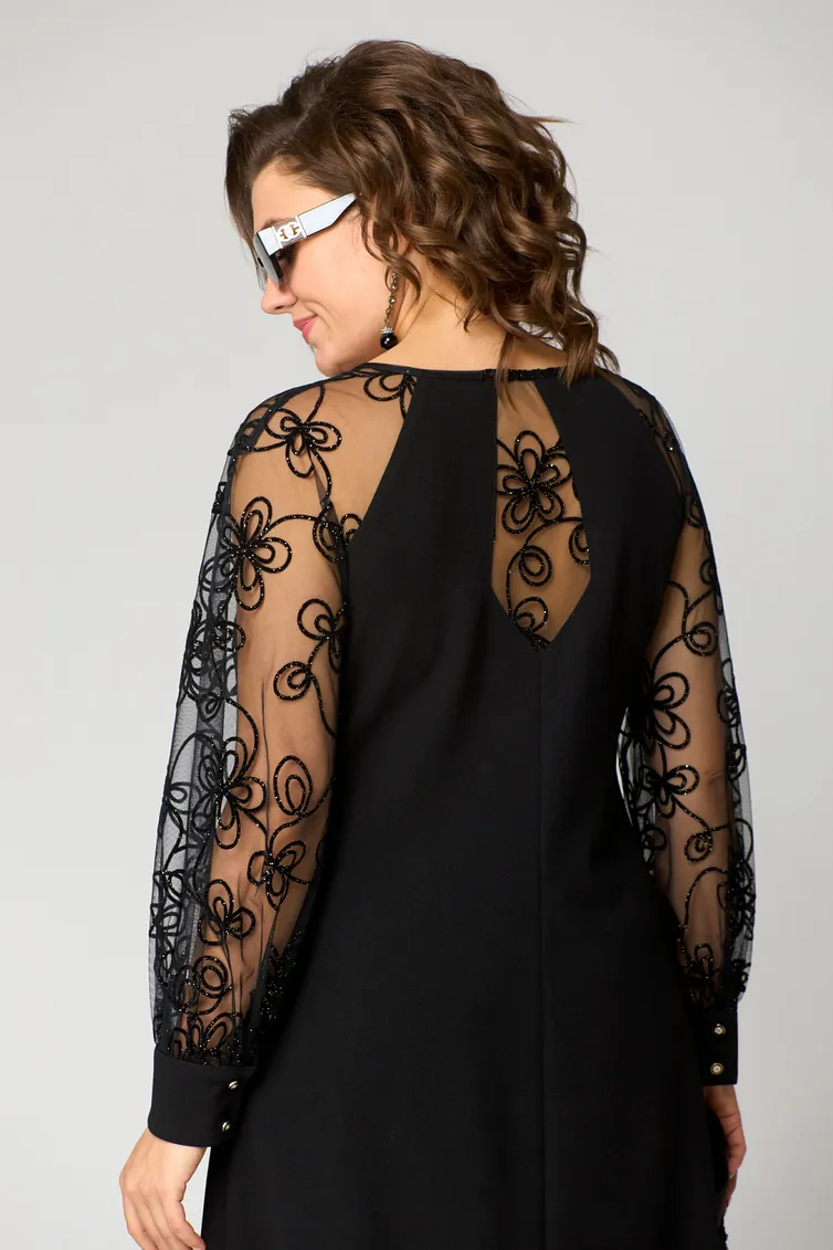 Elegant Black Dress | Embroidered Transparent Sleeves – Image 8