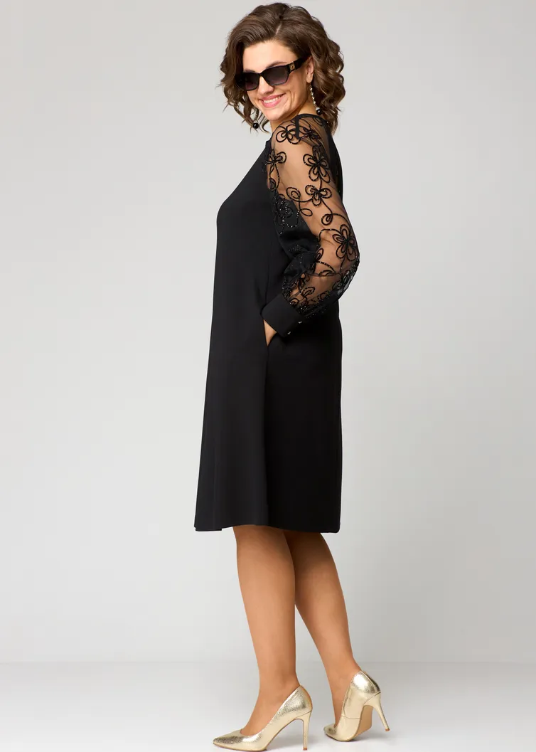 Elegant Black Dress | Embroidered Transparent Sleeves – Image 9
