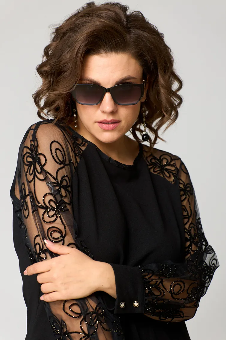 Elegant Black Dress | Embroidered Transparent Sleeves – Image 4