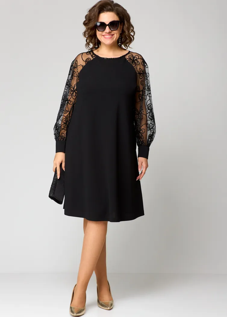 Elegant Black Dress | Embroidered Transparent Sleeves
