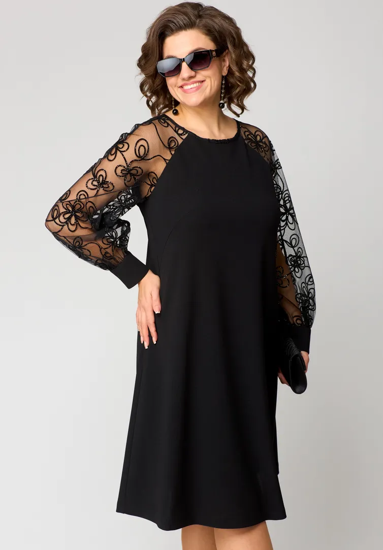 Elegant Black Dress | Embroidered Transparent Sleeves – Image 3