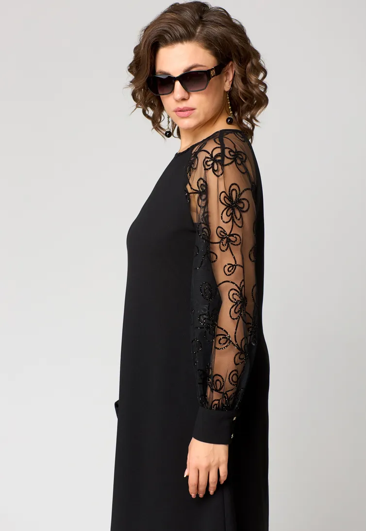 Elegant Black Dress | Embroidered Transparent Sleeves – Image 6