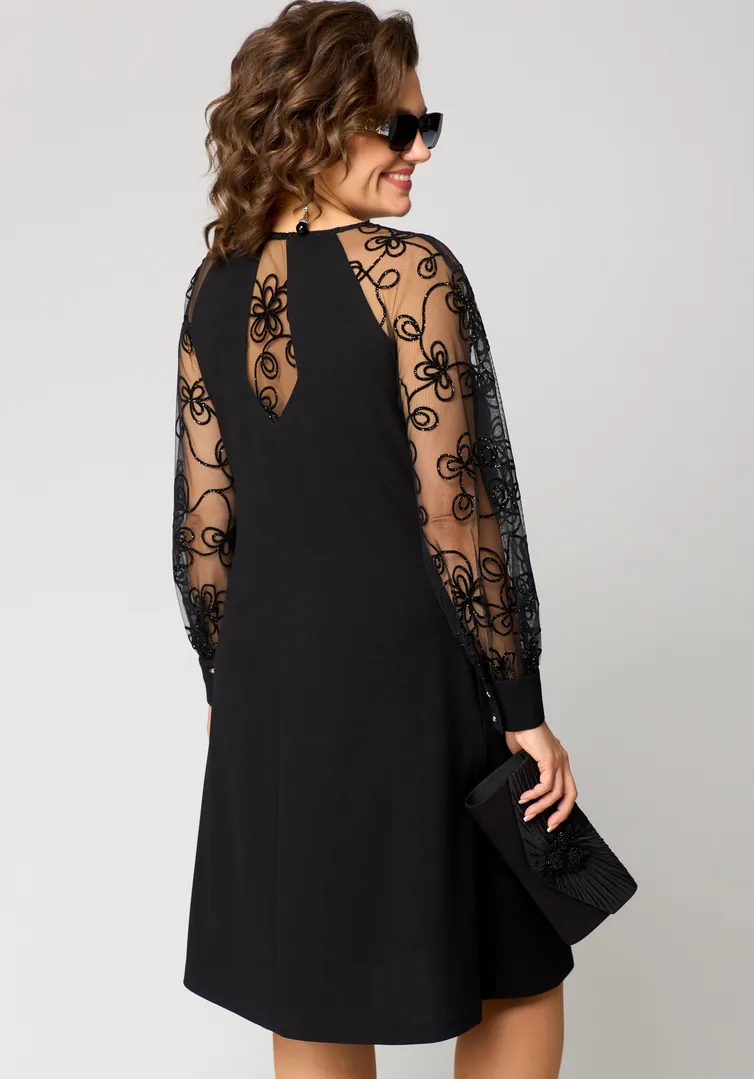 Elegant Black Dress | Embroidered Transparent Sleeves – Image 7