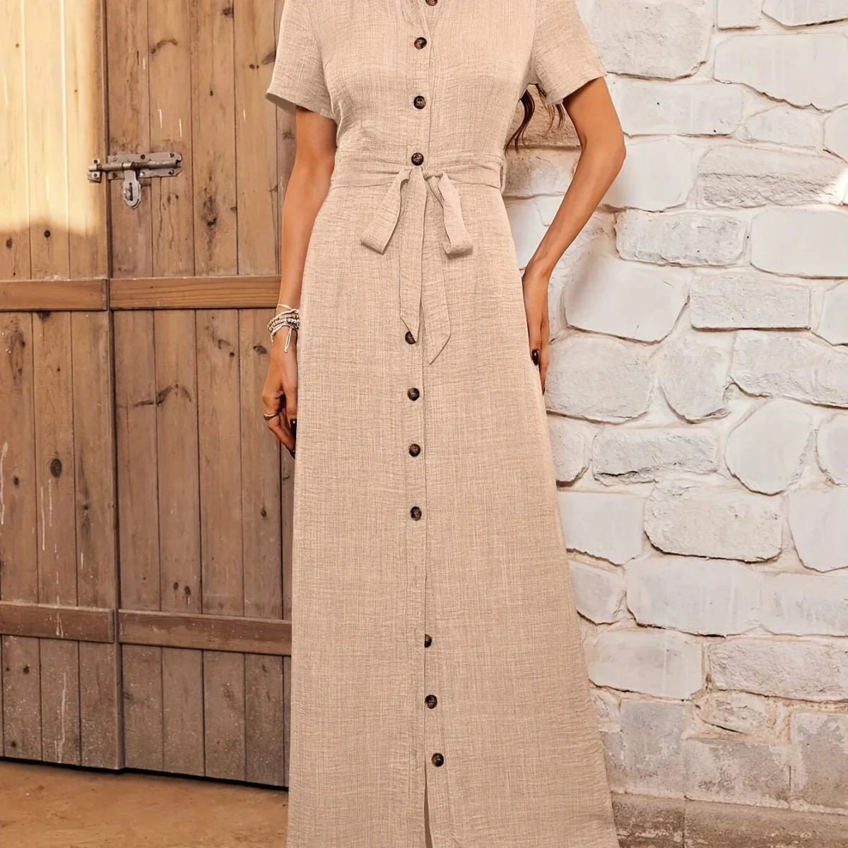 Nature Elegant | Linear Belted Long Shirt Dress – Image 6