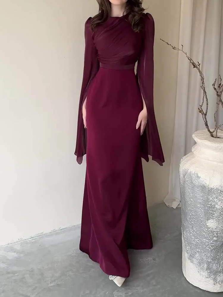 Draped Long Dress with Fluid Sleeves | Evening Elegance – Image 7