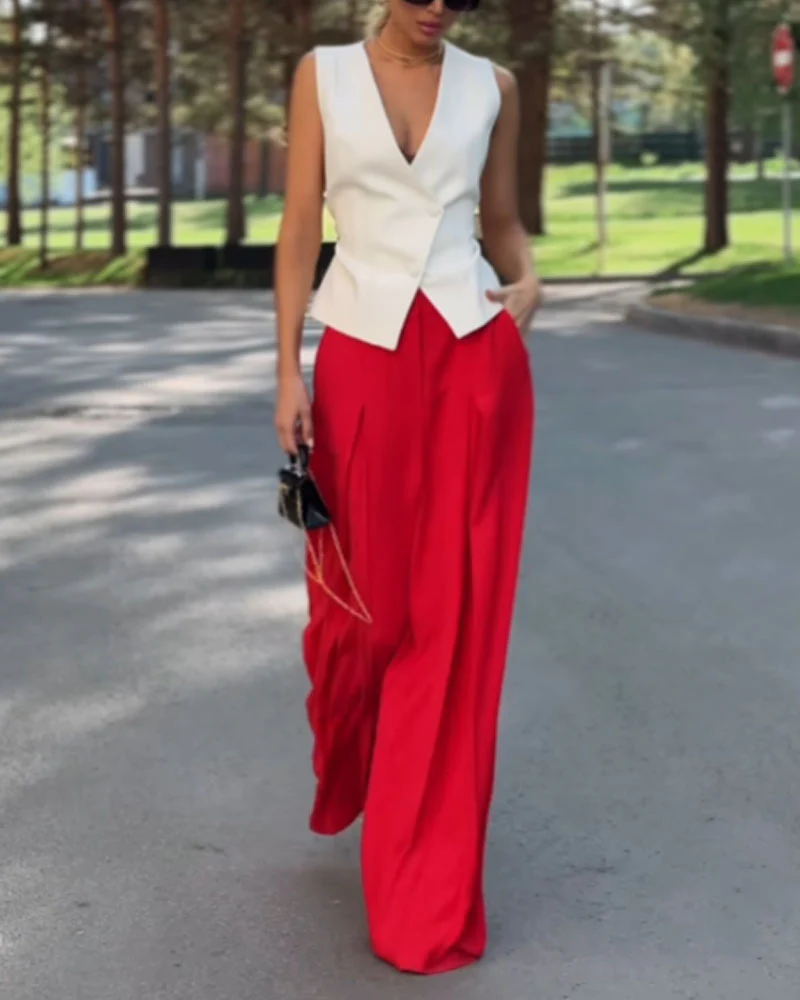 Ensemble Contrasté Élégant | Coton | Gilet Blanc & Pantalon Rouge – Image 4
