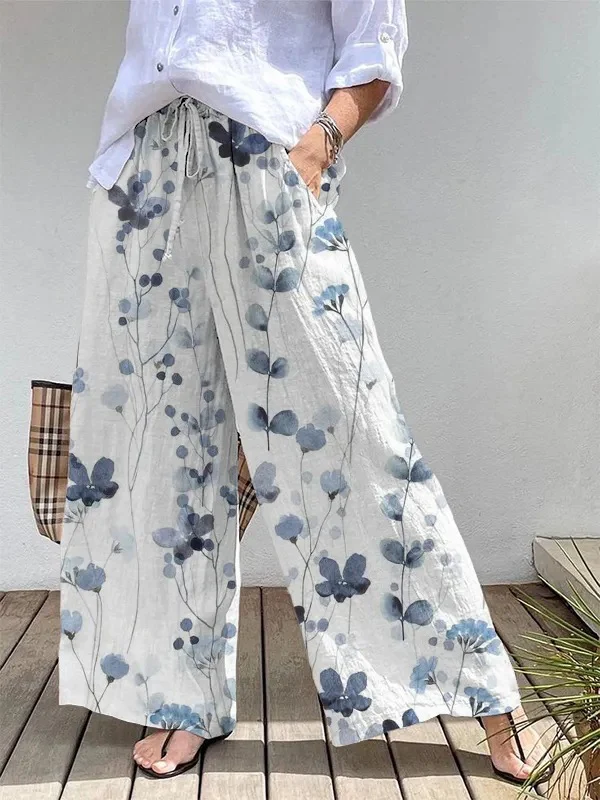 Wide Linen Pants | Floral Print | Comfortable Elastic Waistband – Image 4