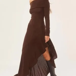 Chocolate Long Dress | Bare Shoulders | Asymmetrical Elegance
