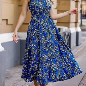 Floral Midi Dress with High Collar | Elegant and Fluid