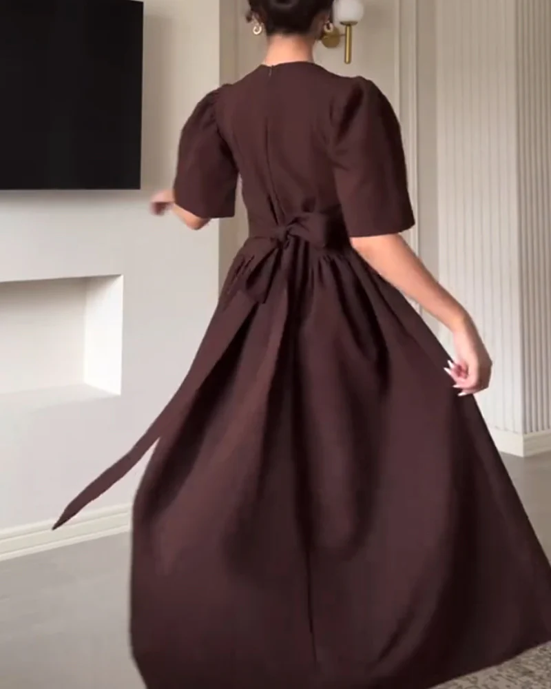 Robe Longue Chocolat | Manches Bouffantes & Jupe Évasée | 100% Coton – Image 3